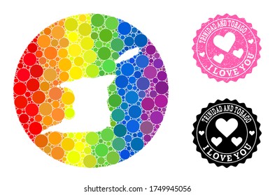 Vector mosaic LGBT map of Trinidad and Tobago of round dots, and Love scratched stamp. Subtraction round map of Trinidad and Tobago collage created with circles in various sizes,