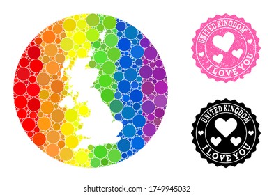 Vector mosaic LGBT map of United Kingdom with round elements, and Love watermark stamp. Hole round map of United Kingdom collage designed with circles in different sizes,