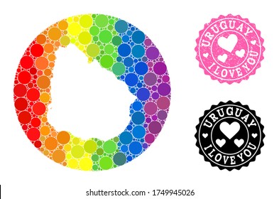 Vector mosaic LGBT map of Uruguay from round items, and Love scratched stamp. Hole circle map of Uruguay collage created with circles in various sizes, and rainbow colored color tones.