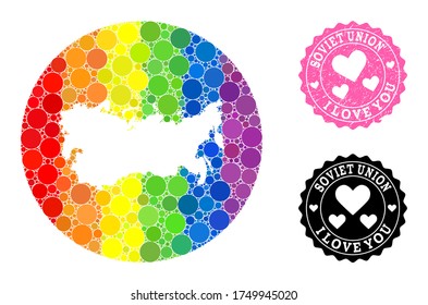 Vector mosaic LGBT map of USSR of round spots, and Love rubber seal. Stencil round map of USSR collage designed with circles in variable sizes, and rainbow multicolored color tints.