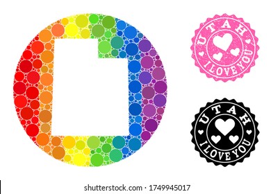 Mapa de mosaico vectorial LGBT del estado de Utah con manchas redondas, y sello de sello de goma Amor. Mapa redondo de hoyo del collage del estado de Utah creado con círculos de diferentes tamaños y tonos de colores del espectro.