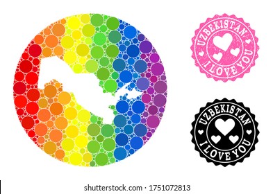 Vector mosaic LGBT map of Uzbekistan with round spots, and Love grunge seal. Subtraction round map of Uzbekistan collage created with circles in various sizes, and rainbow colored color tones.