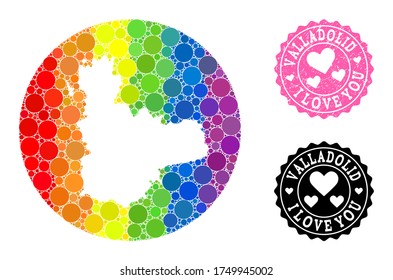 Mapa del mosaico vectorial LGBT de la provincia de Valladolid a partir de elementos de círculo, y estampado del Amor. Mapa del círculo de tallas de la provincia de Valladolid compuesto por círculos de tamaños variables,