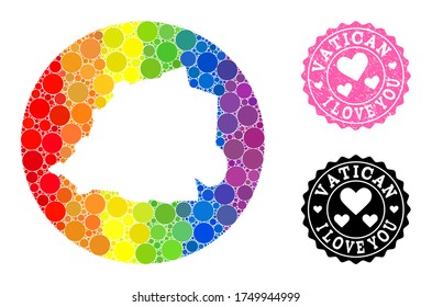 Vector mosaic LGBT map of Vatican from circle elements, and Love rubber seal. Stencil round map of Vatican collage composed with circles in variable sizes, and spectrum multicolored color tones.