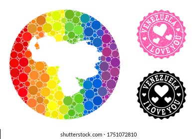 Vector mosaic LGBT map of Venezuela from round dots, and Love rubber seal stamp. Stencil round map of Venezuela collage formed with circles in various sizes, and spectrum colorful color tones.
