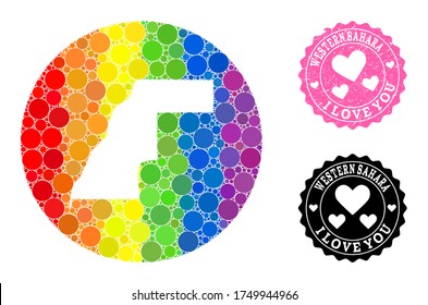 Vector mosaic LGBT map of Western Sahara with round blots, and Love scratched stamp. Stencil round map of Western Sahara collage designed with circles in different sizes,