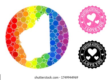Vector mosaic LGBT map of Western Australia with circle blots, and Love scratched stamp. Hole round map of Western Australia collage designed with circles in variable sizes,