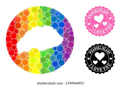 Vector mosaic LGBT map of Wrangel Island with circle items, and Love grunge seal stamp. Subtraction circle map of Wrangel Island collage composed with circles in various sizes,
