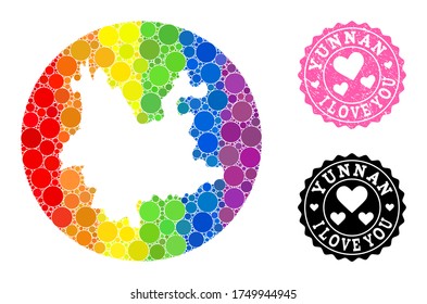 Vector mosaic LGBT map of Yunnan Province with round elements, and Love grunge seal stamp. Hole circle map of Yunnan Province collage created with circles in variable sizes,