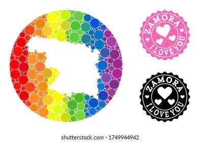 Vector mosaic LGBT map of Zamora Province with round items, and Love scratched stamp. Subtraction round map of Zamora Province collage created with circles in various sizes,