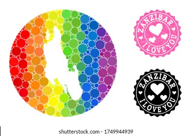 Vector mosaic LGBT map of Zanzibar Island with circle dots, and Love grunge seal stamp. Subtraction circle map of Zanzibar Island collage composed with circles in various sizes,