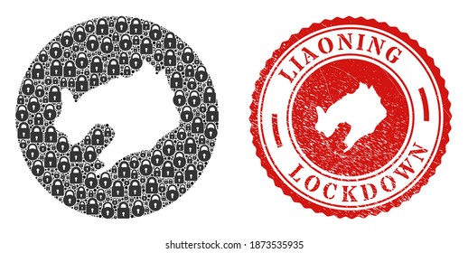 Vector mosaic Liaoning Province map of locks and grunge LOCKDOWN seal. Mosaic geographic Liaoning Province map created as carved shape from round shape with black locks.