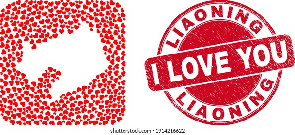 Vector mosaic Liaoning Province map of lovely heart elements and grunge love stamp. Mosaic geographic Liaoning Province map constructed as carved shape from rounded square shape with valentine hearts.