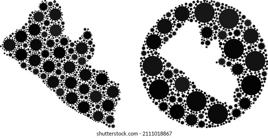 Vector mosaic Liberia map of coronavirus elements. Mosaic geographic Liberia map designed as carved shape from round shape with coronavirus elements in black color hues.