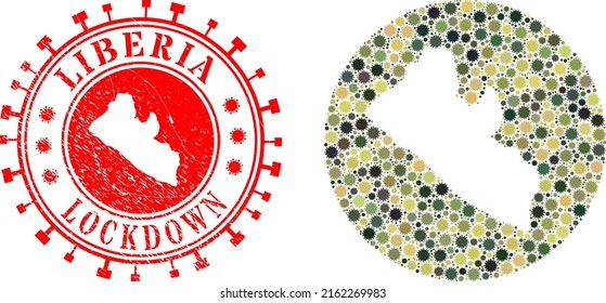 Vektor Mosaik Liberia Karte von Coronavirus Elemente und grunge LOCKDOWN Stempel.