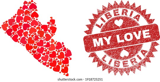 Vector mosaic Liberia map of love heart elements and grunge My Love seal. Mosaic geographic Liberia map constructed with lovely hearts.