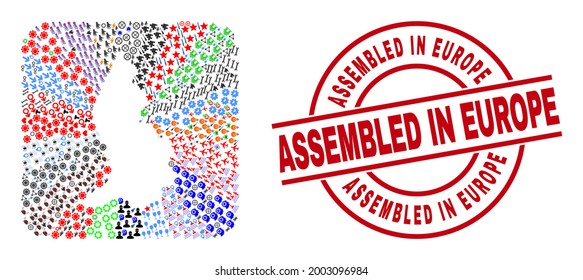 Vector mosaic Liechtenstein map of different icons and Assembled in Europe seal stamp. Mosaic Liechtenstein map designed as stencil from rounded square.