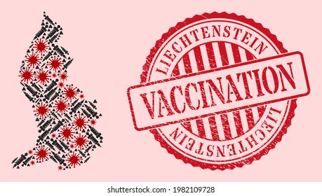Vector mosaic Liechtenstein map of flu virus, vaccination icons, and red grunge vaccine seal. Virus particles and treatment particles inside Liechtenstein map.