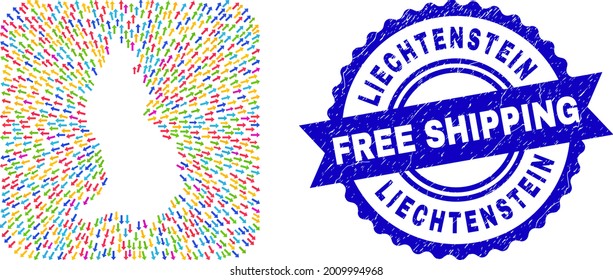 Vector mosaic Liechtenstein map of out arrows and scratched Free Shipping badge. Mosaic Liechtenstein map designed as hole from rounded square with motion arrows.