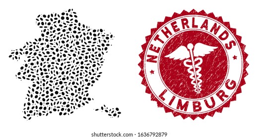 Vector mosaic Limburg Province map and red rounded rubber stamp watermark with health care symbol. Limburg Province map collage created with ellipse spots. Red round health care watermark,