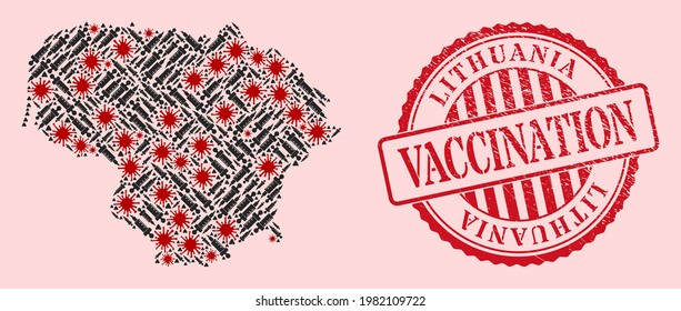 Vektor-Mosaik Litauen Karte des Covid-2019-Virus, Impfsymbole und roten Grunge-Impfstempel. Viruspartikel und Immissionspartikel in Litauen sind auf der Karte zu finden.
