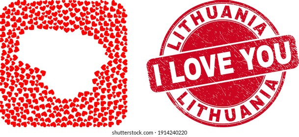 Vector mosaic Lithuania map of lovely heart elements and grunge love seal stamp. Mosaic geographic Lithuania map designed as carved shape from rounded square shape with valentine hearts.