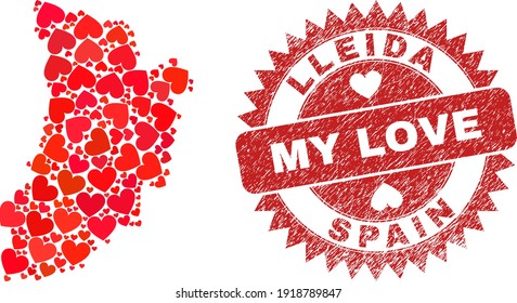 Mosaico vectorial de la provincia de Lleida, mapa de adorables ítems cardíacos y moler el sello de My Love. Mapa geográfico mosaico de la provincia de Lleida diseñado con corazones de amor.