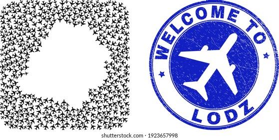 Vector mosaic Lodz Voivodeship map of airport elements and grunge Welcome badge. Mosaic geographic Lodz Voivodeship map created as carved shape from rounded square shape with air shippings.