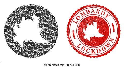 Vector mosaic Lombardy region map of locks and grunge LOCKDOWN seal stamp. Mosaic geographic Lombardy region map designed as carved shape from round shape with black locks.