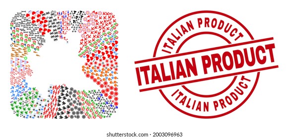 Vector mosaic Lombardy region map of different symbols and Italian Product seal stamp. Collage Lombardy region map created as carved shape from rounded square shape.