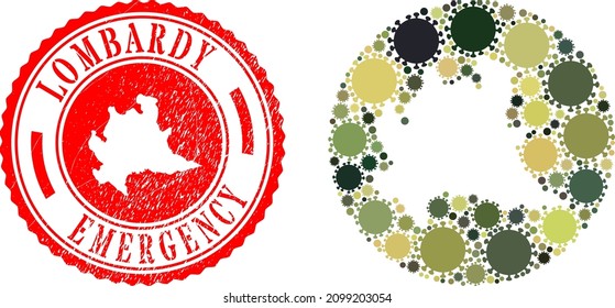 Vektormosaik Lombardei Region Karte von Coronavirus-Elementen und Grunge-NOTFE-Badge.