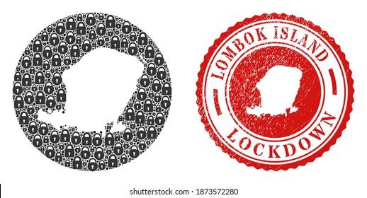 Mosaico vectorial de la isla Lombok mapa de cerraduras y estampado de sellado de LOCKDOWN. Mapa geográfico mosaico de la isla de Lombok construido en forma tallada a partir de forma redonda con cerraduras negras.