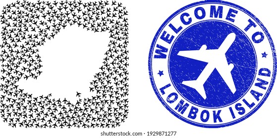 Vector mosaic Lombok Island map of air vehicle items and grunge Welcome badge. Mosaic geographic Lombok Island map constructed as subtraction from rounded square with air shippings.