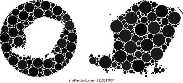 Vector mosaic Lombok Island map of circle parts. Mosaic geographic Lombok Island map is designed as hole from circle with round parts in black color hues. Pixelated vector mosaic Lombok Island map.