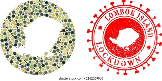 Vector mosaic Lombok Island map of sars virus icons and grunge LOCKDOWN badge. Mosaic geographic Lombok Island map created as carved shape from circle with sars virus elements in camo military colors.