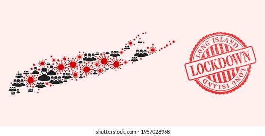 Vector mosaic Long Island map of flu virus, masked people and red grunge lockdown seal stamp. Virus items and people in masks inside Long Island map.