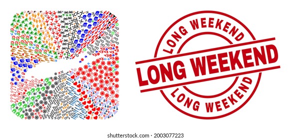 Vector mosaic Long Island map of different pictograms and Long Weekend badge. Mosaic Long Island map constructed as carved shape from rounded square shape. Red round badge with Long Weekend word.