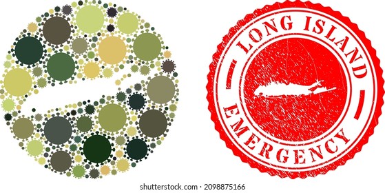 Vector mosaic Long Island map of flu virus elements and grunge EMERGENCY badge. Mosaic geographic Long Island map constructed as carved shape from round shape with flu virus icons in camo army colors.