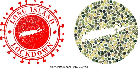 Vector mosaic Long Island map of sars virus elements and grunge LOCKDOWN stamp. Mosaic geographic Long Island map created as stencil from round shape with flu virus elements in khaki army colors.
