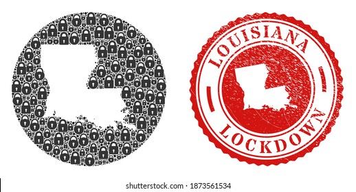 Vector mosaic Louisiana State map of locks and grunge LOCKDOWN seal stamp. Mosaic geographic Louisiana State map constructed as hole from round shape with black locks.