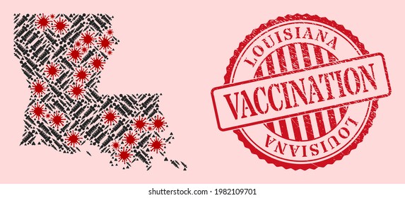 Vector mosaic Louisiana State map of corona virus, vaccine icons, and red grunge vaccine seal stamp. Virus elements and vaccine particles inside Louisiana State map.