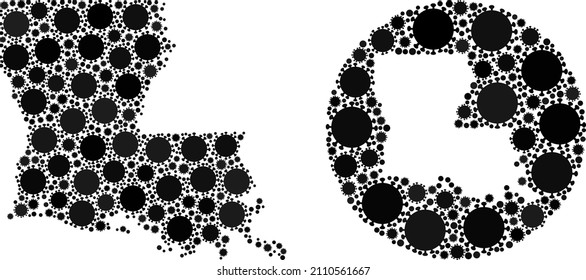 Vector mosaic Louisiana State map of virus elements. Mosaic geographic Louisiana State map designed as subtraction from round shape with sars virus elements in black color hues.
