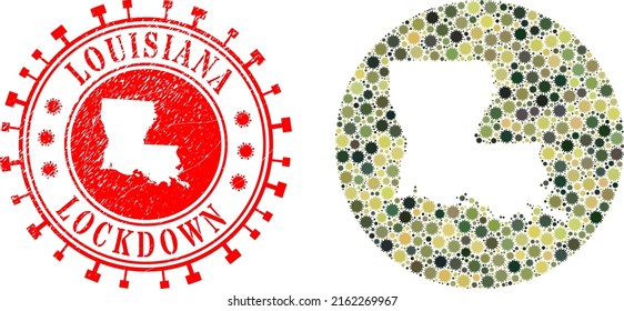 Vector mosaic Louisiana State map of covid-2019 items and grunge LOCKDOWN stamp. Mosaic geographic Louisiana State map designed as stencil from circle with covid items in camouflage military colors.