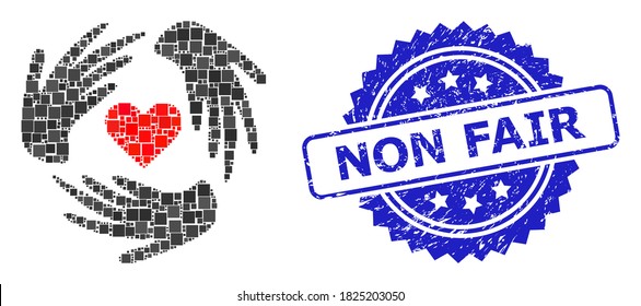 Vector mosaic lovely craft hands, and Non Fair corroded rosette seal. Blue seal has Non Fair text inside rosette. Square dots are grouped into abstract mosaic lovely craft hands icon.