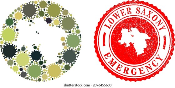 Mosaico vectorial Tierra Baja Sajonia Mapa de los ítems del virus SARS y placa de EMERGENCIA gruesa.