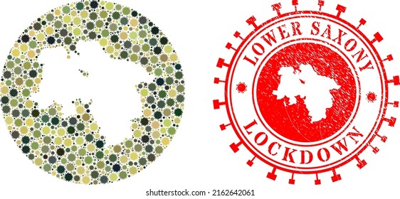 Vector mosaic Lower Saxony Land map of virus outbreak items and grunge LOCKDOWN stamp.