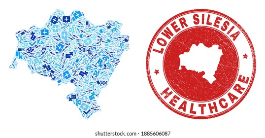 Vektor Mosaik Niederschlesien Provinz Karte von Dosissymbole, Testsymbolen und Grunge Gesundheitskautschuk Imitation. Roter Rundstempel mit grunge Kautschuk Textur und Landkarte der Provinz Niederschlesien.