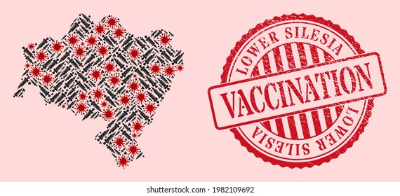Vector mosaic Lower Silesia Province map of flu virus, syringe icons, and red grunge vaccine seal stamp. Virus particles and syringe needles inside Lower Silesia Province map.