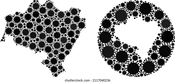 Vektor-Mosaik Niederschlesischer Woiwodschaft Karte der gemalten Elemente. Mosaik geographische niederschlesische Voivodhip-Karte, die als Loch aus dem Kreis mit covid-Virus-Elementen in schwarzen Farbtönen entworfen wurde.