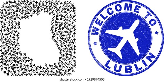 Vector mosaic Lublin Voivodeship map of sky jet items and grunge Welcome badge. Mosaic geographic Lublin Voivodeship map designed as carved shape from rounded square shape with aviation.
